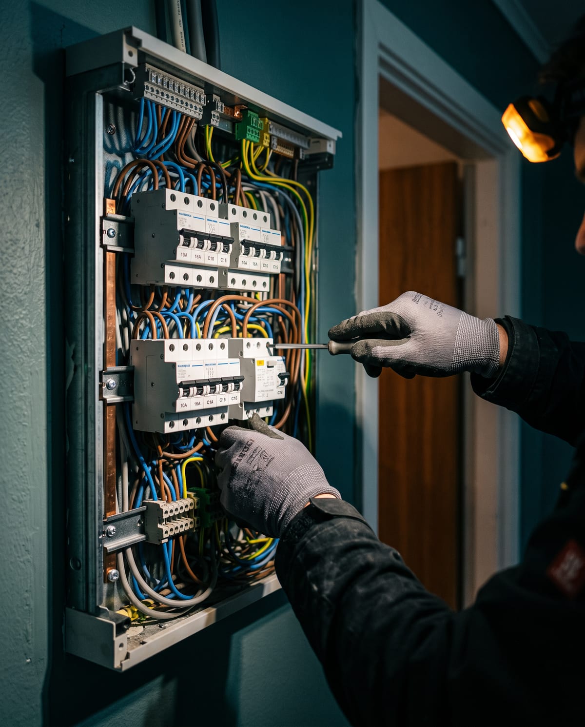 Elektriker uppgraderar en elcentral med nya dvärgbrytare