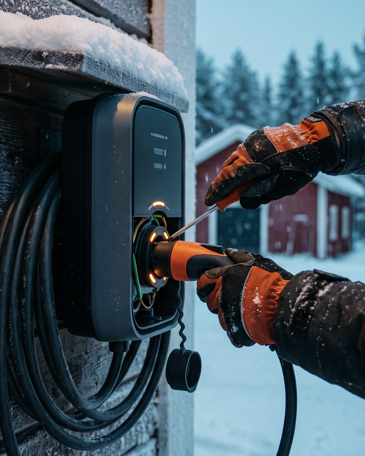Installation av laddstation för elbil på husvägg i snötäckt vintermiljö