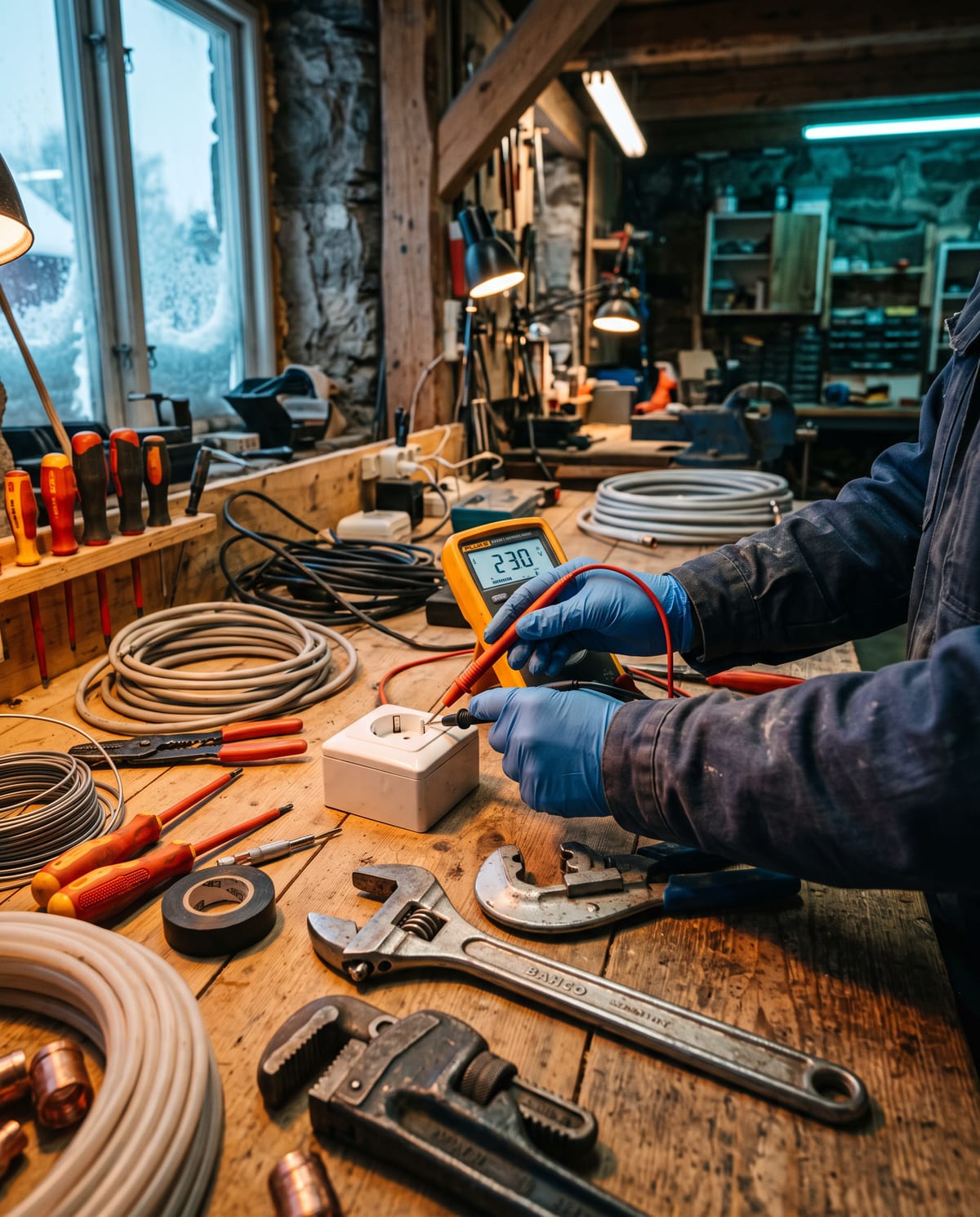 Felsökning med multimeter på ett vägguttag, el- och VVS-verktyg på arbetsbänken