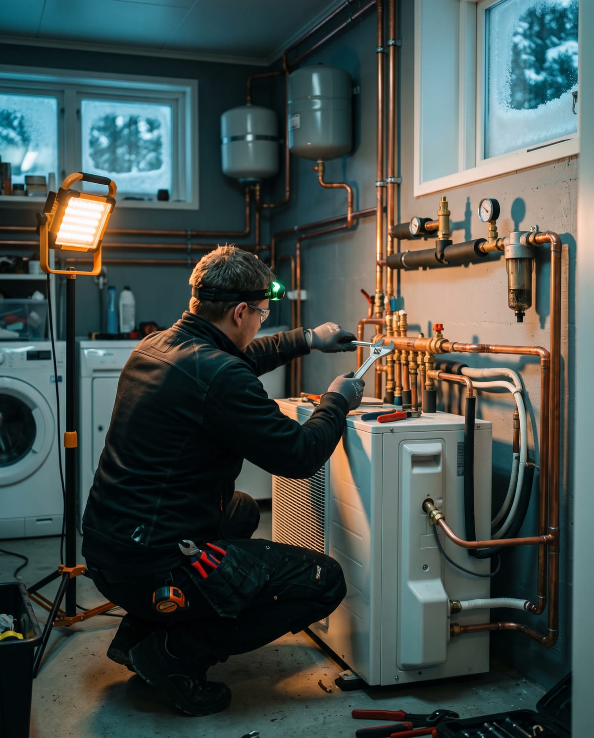 VVS-montör installerar värmepump med kopparrör i ett teknikrum